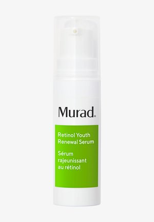 Flacon du sérum Murad Retinol Youth Renewal avec distributeur pompe blanc et étiquette verte affichant le nom du produit en anglais et en français.