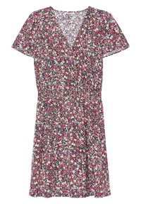 Robe fleurie en tissu brun foncé, avec manches courtes, col en V et taille froncée. Le motif comprend des fleurs roses, blanches et turquoise.