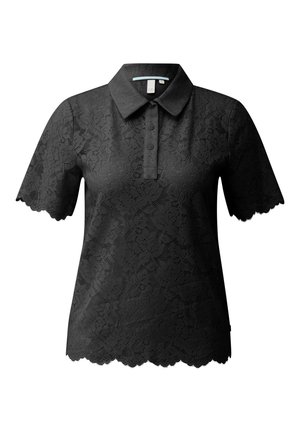 Polo à manches courtes en dentelle noire avec bords festonnés, patte de boutonnage et motif floral.