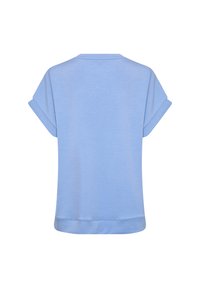 Top corto azzurro chiaro con maniche a sbuffo, scollo rotondo, vestibilità rilassata e risvolti. Texture liscia e orlo dritto alla vita.