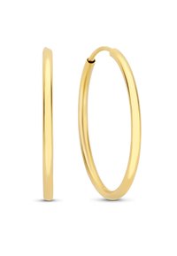Gold hoop earrings with a smooth, polished surface. Circular shape with a thin profile, featuring a secure closure mechanism.