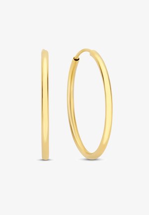 Goldene Creolenohrringe mit einer glatten, polierten Oberfläche. Kreisförmige Form mit dünnem Profil, ausgestattet mit einem sicheren Verschlussmechanismus.