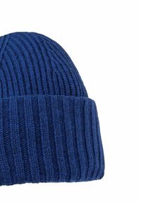 Blue knitted beanie with a ribbed texture. Features a folded cuff, made from thick yarn, offering warmth and a snug fit.