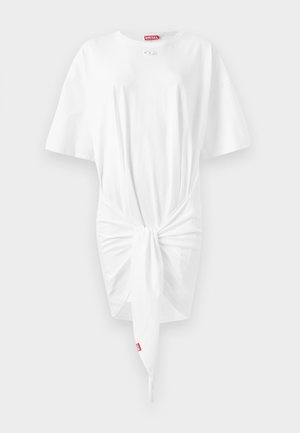 Valge T-särgidress lühikeste varrukatega, ette seotud detailiga, pehmest puuvillast kangast ja väike Diesel logo silt kaeluses.