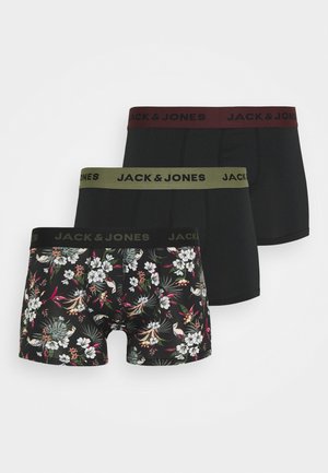 Tre par herreboxershorts i sort og et blomstermønster, med kontrastfarvede elastiske taljebånd i sort, burgunder og olivengrøn.