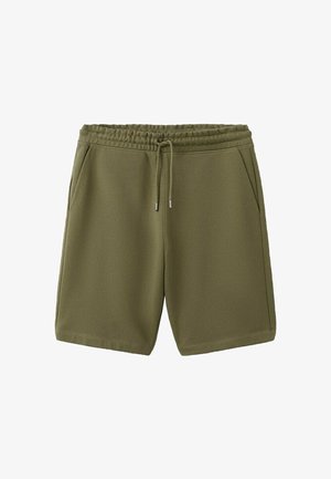 Pantaloncini casual verde oliva con vita elasticizzata, coulisse e tasche laterali, adatti per il comfort e l'uso quotidiano.