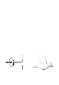 Silvriga stiftörhängen med fågeldesign, släta konturer, polerad yta och fjärilslås för säker bärning.