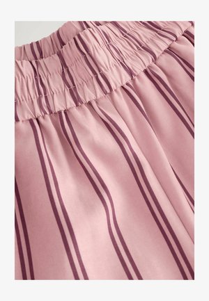 Tessuto rosa chiaro con righe verticali viola scuro. La vita è arricciata ed elasticizzata per un look aderente. Texture morbida.