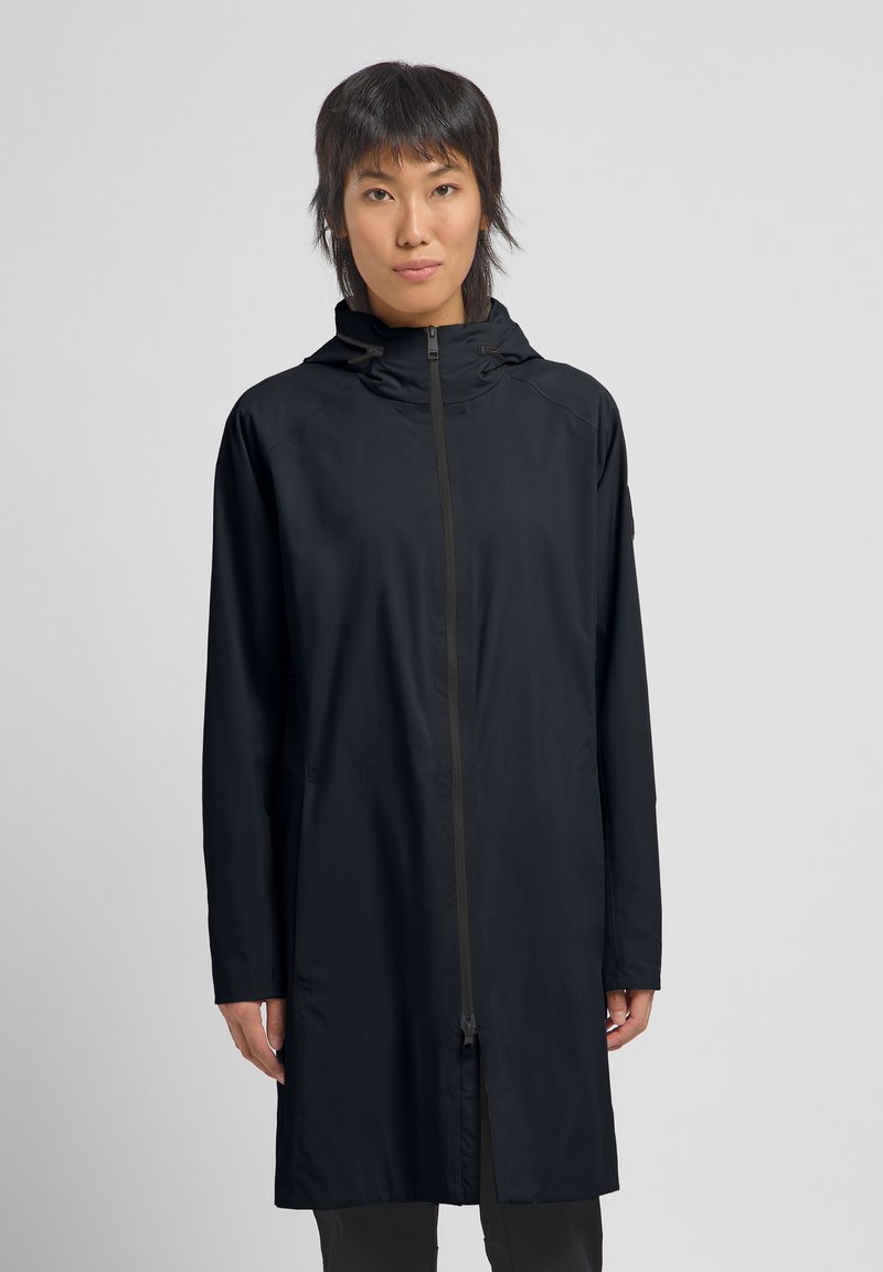 Wasserabweisende schwarze Jacke mit einem Frontreißverschluss, Kapuze und langen Ärmeln. Verfügt über einen geraden Schnitt und seitliche Taschen für Funktionalität.