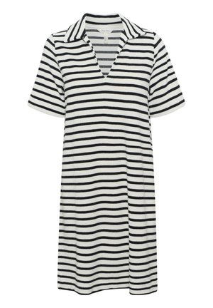 Gestreiftes Kleid in Schwarz und Weiß, mit einem kragenförmigen Ausschnitt, kurzen Ärmeln und einem lockeren Schnitt, aus weichem Stoff mit horizontalen Streifen gefertigt.