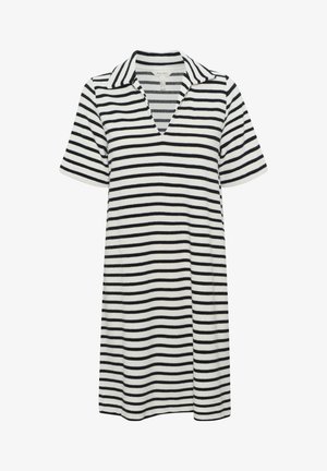 Gestreiftes Kleid in Schwarz und Weiß, mit einem kragenförmigen Ausschnitt, kurzen Ärmeln und einem lockeren Schnitt, aus weichem Stoff mit horizontalen Streifen gefertigt.