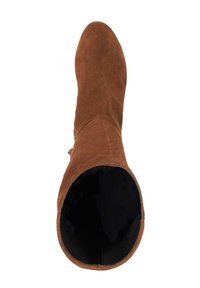Brown suede knee-high boot with a rounded toe and a smooth black interior. Features minimal hardware and a simple, clean design.
