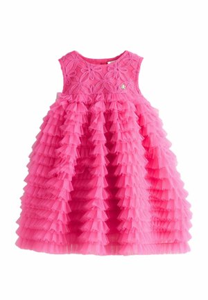 Rosa Tüllkleid mit ärmellosem Design, verziertem Oberteil und abgestuften Rüschen am Rock, mit einem runden Logodetail.