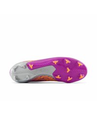 Soccer cleat outsole in purple and gray, featuring a textured design, seven studs in a triangular shape, and bright orange accents.