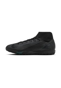 Black athletic shoe with a high collar, textured synthetic upper, lace closure, and rubber outsole with traction features.