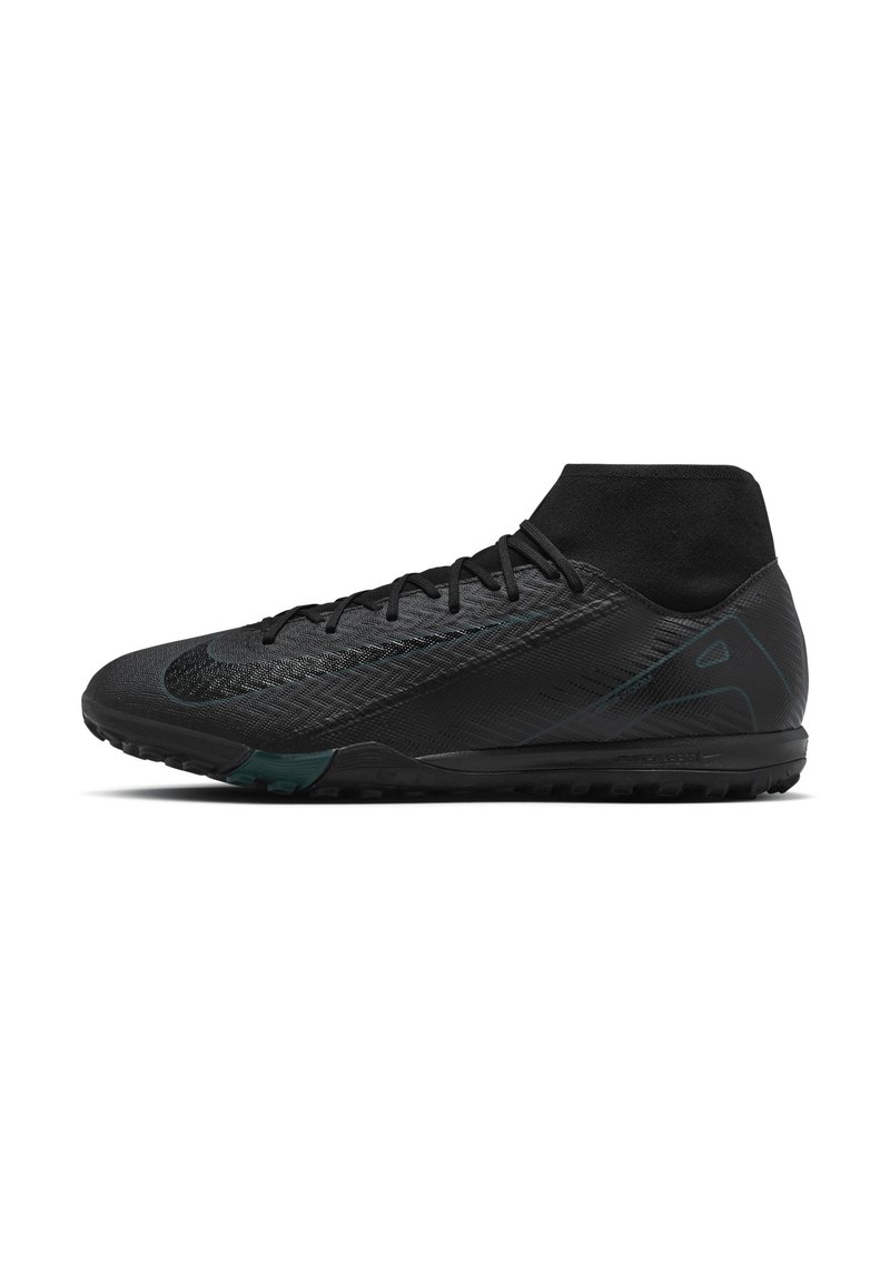 Black athletic shoe with a high collar, textured synthetic upper, lace closure, and rubber outsole with traction features.