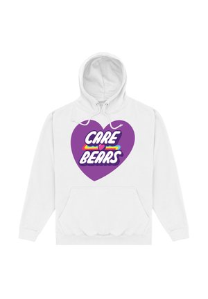 Weiße Kapuzenjacke mit einem großen lila Herz-Design, auf dem "CARE BEARS" in fettem weißen Text und bunten Akzenten steht. Mit einer Vorderseite im Kängurudesign und Tasche.