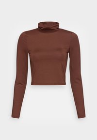 Ruskea, pitkähihainen, lyhyt turtleneck-paita, joka on valmistettu sileästä, venyvästä kankaasta. Siinä on taitettu kaulus ja tiukka siluetti.