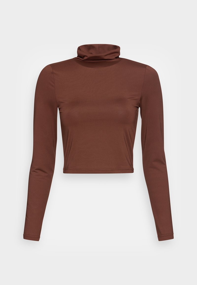 Ruskea, pitkähihainen, lyhyt turtleneck-paita, joka on valmistettu sileästä, venyvästä kankaasta. Siinä on taitettu kaulus ja tiukka siluetti.