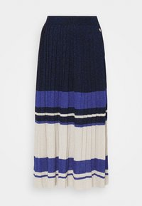 Plisserad kjol i texturerad tyg med glittrig yta, med horisontella ränder i blått, marinblått och krämfärgat, samt en åtsittande midja.