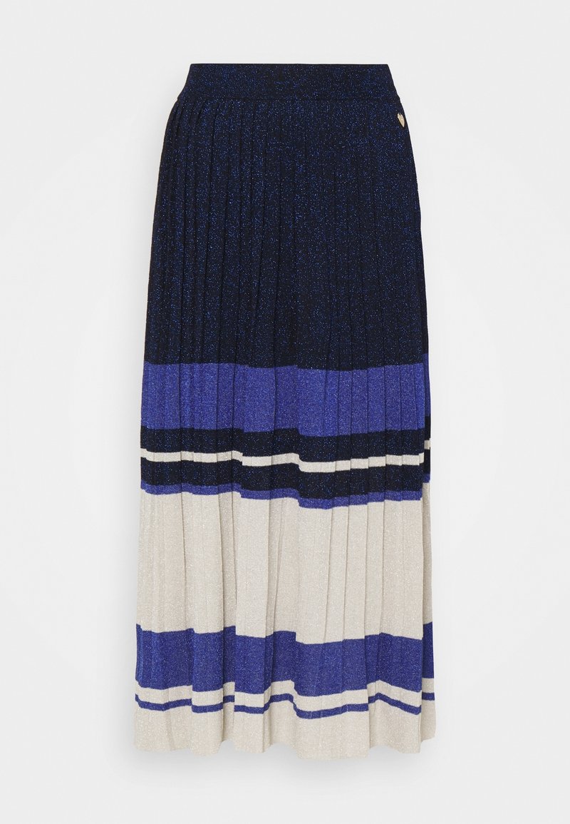 Plisserad kjol i texturerad tyg med glittrig yta, med horisontella ränder i blått, marinblått och krämfärgat, samt en åtsittande midja.