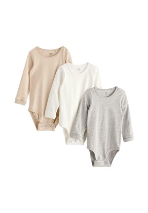 Drei langärmelige Bodysuits aus Baumwolle in Beige, Weiß und Hellgrau. Jeder hat einen runden Ausschnitt und Druckknöpfe am Boden.