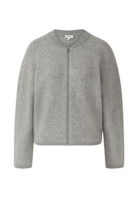 Grauer Reißverschluss-Pullover aus weichem Strickmaterial, mit rundem Halsausschnitt, gerippten Bündchen und lässiger Passform. Schlichtes Design ohne Muster.