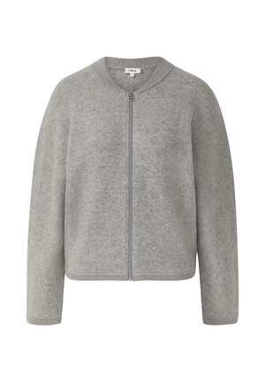 Grauer Reißverschluss-Pullover aus weichem Strickmaterial, mit rundem Halsausschnitt, gerippten Bündchen und lässiger Passform. Schlichtes Design ohne Muster.