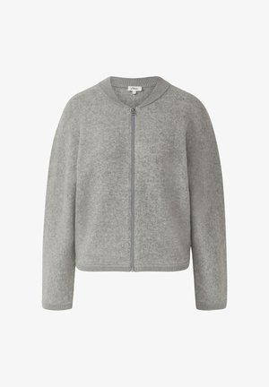 Sivá zipsová mikina vyrobená z mäkkého úpletu, s okrúhlym výstrihom, rebrovanými manžetami a voľným strihom. Jednoduchý dizajn bez vzorov.