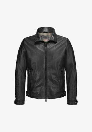 Schwarze Lederjacke mit durchgehendem Reißverschluss vorne, Stehkragen, Reißverschlusstaschen und kariertem Innenfutter. Verstellbare Manschetten. Glatte Textur.