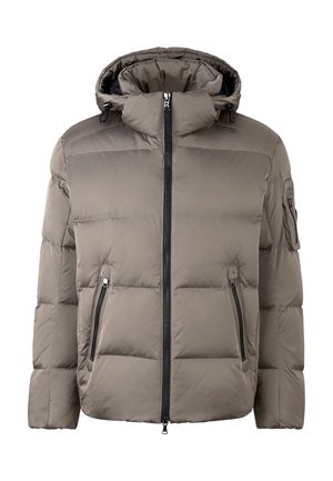 Padded winter jacket in taupe, featuring a high collar and detachable hood, front zipper, two side pockets, and a sleeve pocket for storage.