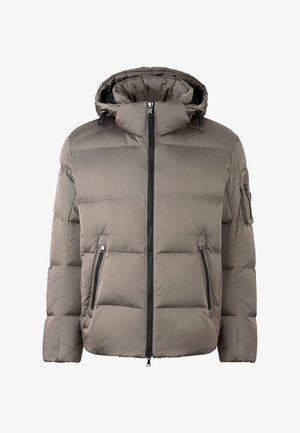 Verstevigde winterjas in taupe, met een hoge kraag en een afneembare capuchon, een ritssluiting aan de voorkant, twee zijzakken en een mouwzak voor extra opbergruimte.