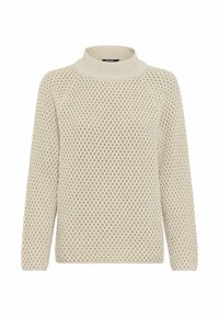 Helle beigefarbene Strickjacke mit hohem Kragen, die ein Rautenmuster und lange Ärmel aufweist. Die strukturierte Qualität sorgt für visuelles Interesse.