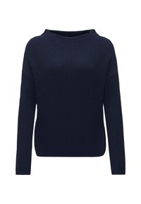 Pull en tricot bleu marine avec un large col, des manches longues et une texture côtelée. Présente des épaules tombantes et une coupe décontractée.
