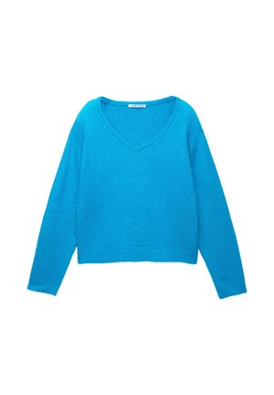 Blå strikket sweater med V-hals, lange ærmer og cropped design. Glat tekstur og jævn farve hele vejen igennem.
