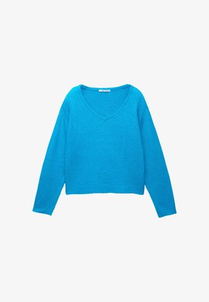 Blauwe gebreide trui met een V-hals, lange mouwen en een cropped ontwerp. Soepele textuur en een gelijkmatige kleur over de gehele trui.