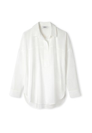 Camicia bianca a maniche lunghe realizzata in tessuto leggero. Caratterizzata da un colletto, una chiusura con bottoni e un orlo arrotondato con fessure laterali.