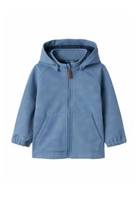 Blå dragkedja-hoodie med huva, två framfickor och elastiska ärmar. Har ett subtilt djurmönster på tyget. Slät struktur.
