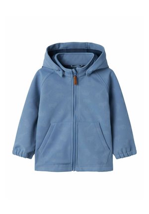 Veste à capuche zippée bleue avec capuche, deux poches avant et poignets élastiqués. Présente un motif animal subtil sur le tissu. Texture lisse.