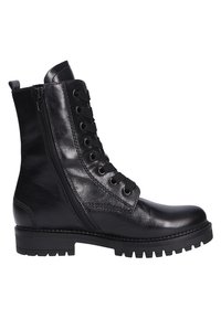 Schwarze Leder-Ankle-Boots mit Schnürung vorne und seitlichem Reißverschluss, featuring eine robuste Sohle und glatte Struktur. Gesteppte Akzente an der Seite.