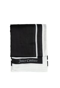 Schwarz-weißes Schal mit auffälligem "Juicy Couture"-Logo, kontrastierenden Streifen und einer weichen, glatten Textur.