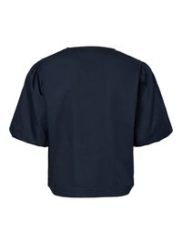 Blouse bleu marine à manches courtes bouffantes et ourlet droit, vue de dos sur un fond blanc.