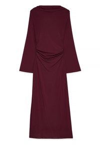 Bordo suknelė su ilgomis rankovėmis, plona apykakle ir suglebusiu užtrauktuku nugaroje. Pagaminta iš lygaus, elastingo audinio.