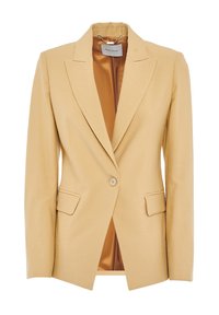 Blazer giallo chiaro con revers, bottone frontale singolo e due tasche a patta. Tessuto liscio con rivestimento marrone a contrasto.
