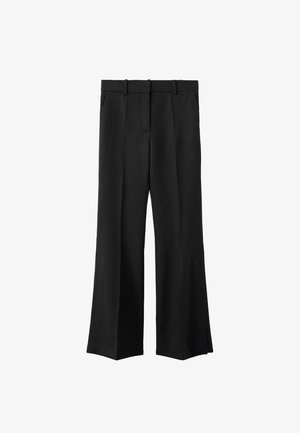 Pantaloni neri a gamba larga con frontale piatto, passanti per cintura e due tasche laterali. Realizzati in un tessuto testurizzato, presentano una vestibilità su misura.