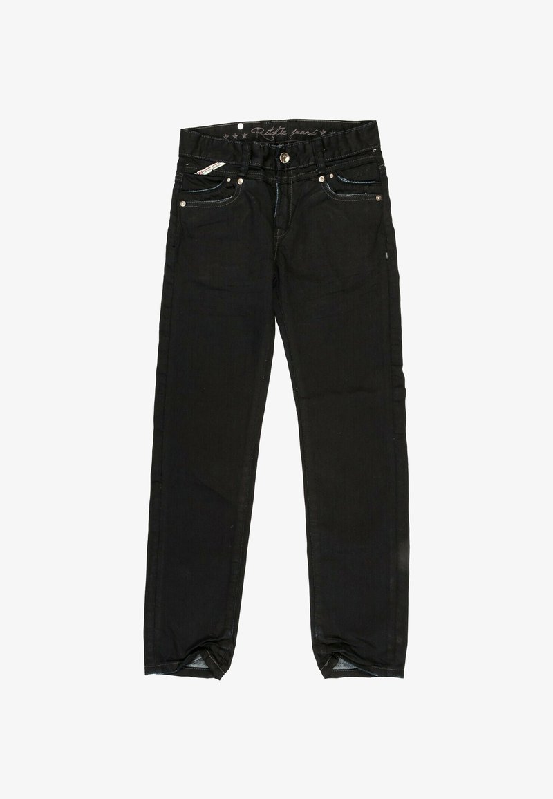 Jean noir en denim, doté de cinq poches, d'une fermeture à bouton et de surpiqûres contrastées le long des coutures. Design ajusté avec une légère élasticité.