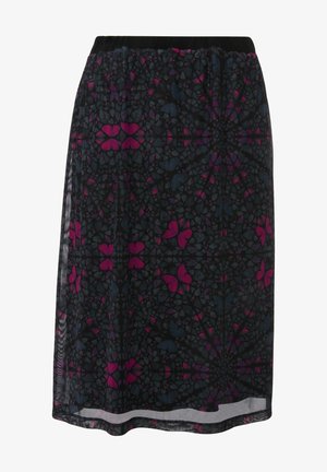Černá sukně s barevným květinovým vzorem v odstínech růžové a modré, vyrobená z jemné, transparentní látky a s elastickým pasem.