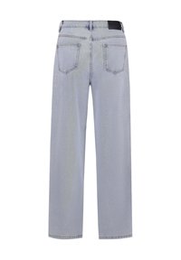 Light blue denim wide-leg jeans with a mid-rise waist, featuring two back pockets and a contrasting black waistband. Plain fabric texture.