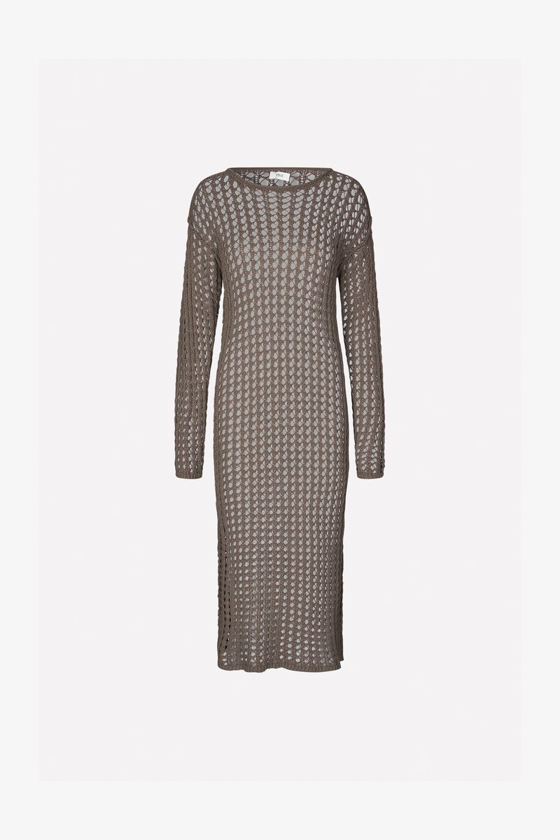 Knit dress in a taupe color, featuring a loose fit, long sleeves, and openwork pattern with diamond shapes throughout.