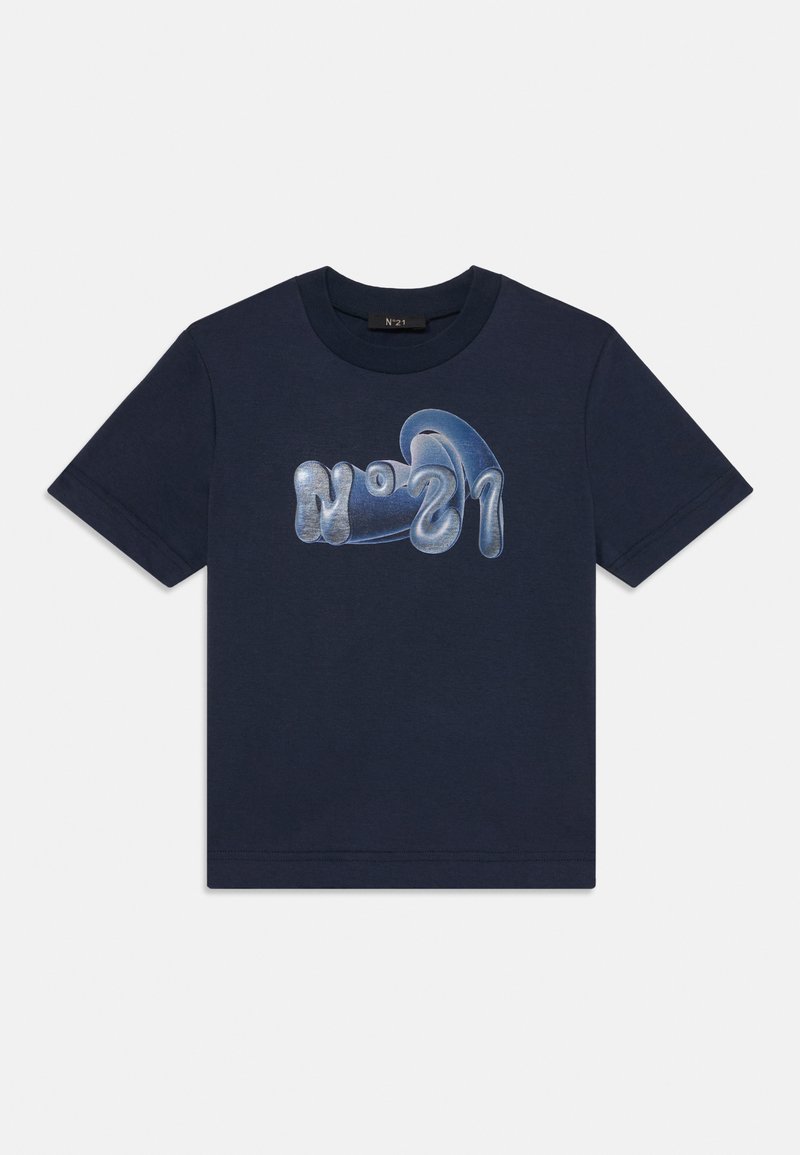 Σκούρο μπλε βαμβακερό μπλουζάκι με στρογγυλή λαιμόκοψη και κοντά μανίκια, που διαθέτει γυαλιστερό γραφικό σχέδιο σε αποχρώσεις του μπλε και του ασημί στο μπροστινό μέρος.